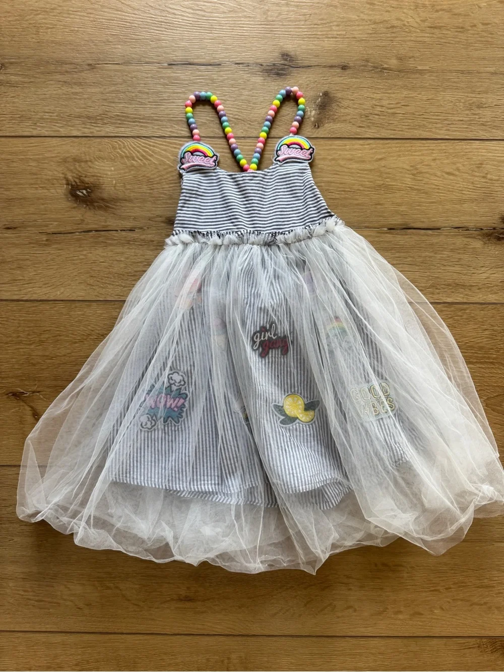 Lola + The Boys Striped Gray & White Tulle Dress with Rainbow Bead Straps